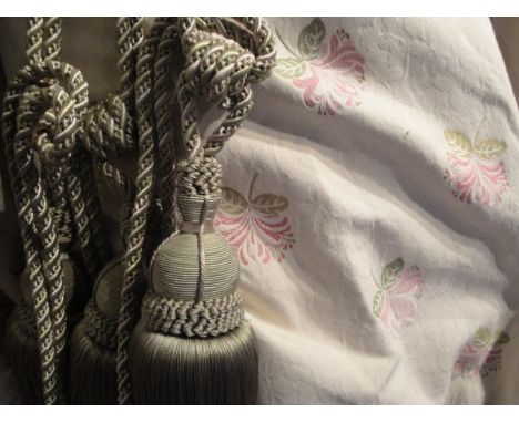 Two pairs of cotton interlined curtains, the plain ground with self patterned decoration and pink and green floral sprays, to