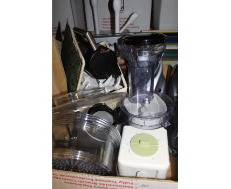 A box containing Braun Multipractic Mixer, Kenwood Juicer, bathroom scales, toilet brushes, etc