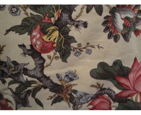 Two pairs of cotton interlined curtains, the plain ground with multi-coloured floral design, together with matching pelmets  