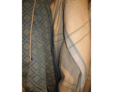 A large single and two pairs of Zoffany cotton interlined curtains, the yellow ground with green / blue checked design and fl