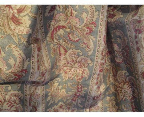 Two pairs of cotton interlined curtains, the striped ground with floral sprays of red and gold, together with matching tie ba