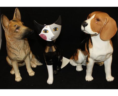 A Beswick Fireside model of a beagle (2300), a Royal Doulton Fireside figure of a German Shepherd and a Goebel "Wachtmeister"