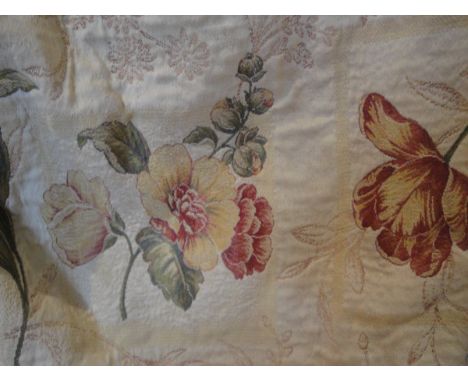 A pair of cotton  lined curtains, the gold ground with floral pattern together with a pair of cotton lined curtains, the plai