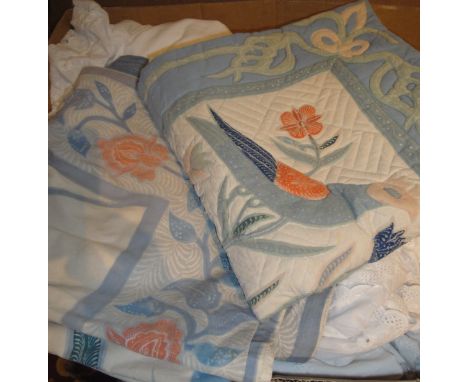 A box of vintage linens to include tablecloth, cushion covers, etc, with broderie anglaise decoration, etc, together with an 