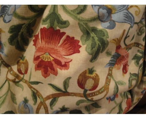 A pair of Zoffany cotton interlined curtains, the neutral gold ground with multi-coloured floral and bird decorated design, t