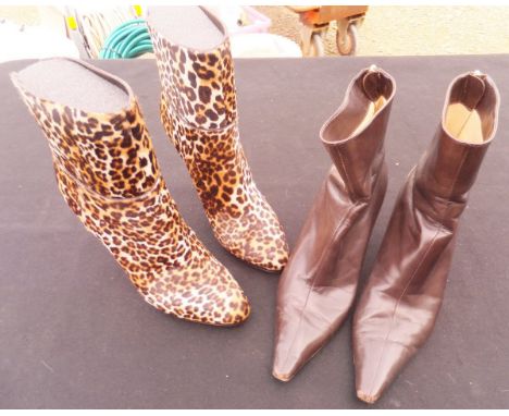 A pair of Jimmy Choo leopard print effect ankle boots, size 37½, together with a pair of Jimmy Choo brown leather ankle boots