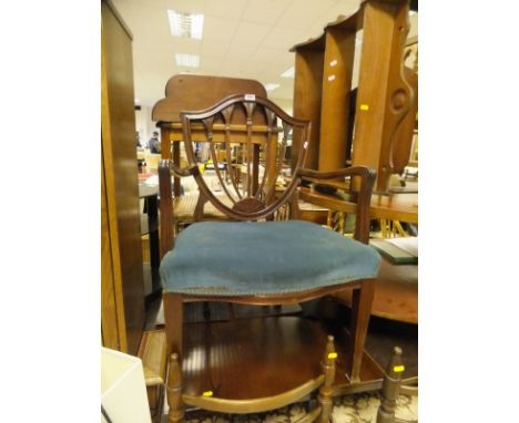 A collection of furniture comprising Chippendale style shield back elbow chair with blue upholstered seat together with a pai