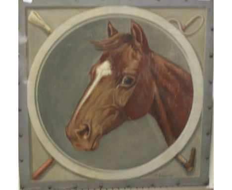 A LEENEZONNE "Head Study of a Hunter with a Tromp L'oeille surround wih crop and whip" oil on canvas laid on panel signed bot