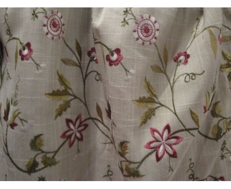 Three pairs of cotton interlined curtains, the grey ground with embroidered green and pink foliage   CONDITION REPORTS  One p
