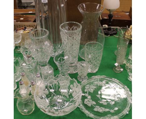 A collection of various glass wares including two Edinburgh Crystal vases, two pairs of Waterford Crystal baluster shaped sal
