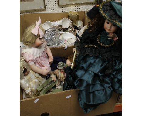 Four boxes of various china ware and ornaments to include a pair of Sitzendorf floral encrusted vases, a capo de monte figure