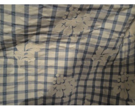 A pair of cotton interlined curtains, the gold ground with checked green design and cream floral sprays, together with a sing