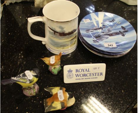 Three Royal Worcester bird figures "Great Tit", "Gold Finch" and "Wren", together with a Royal Worcester English Bone China d