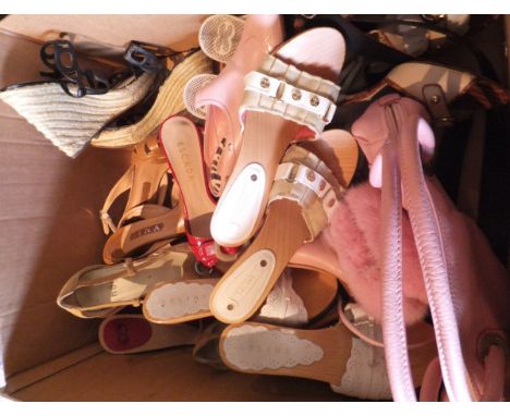 A box of assorted kitten heel sandals to include Celine, Escada, Gina, etc, together with two Escada handbags and a belt   CO