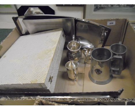 A box containing assorted plated wares and other metal wares to include cutlery, milk jug, tankards etc, together with a smal