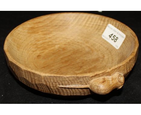 A turned and adzed oak bowl with mouse motif by Robert Thompson of Kilburn "The Mouseman"   CONDITION REPORTS  The rim of the