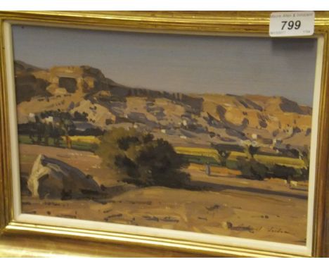 RICHARD FOSTER "From the Colossi towards Gourna", oil on board, signed lower right   CONDITION REPORTS  Dark brown spotted ma