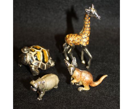 A collection of three Saturno silver and enamel animals to include a tortoise, a giraffe and a kangaroo together with a silve