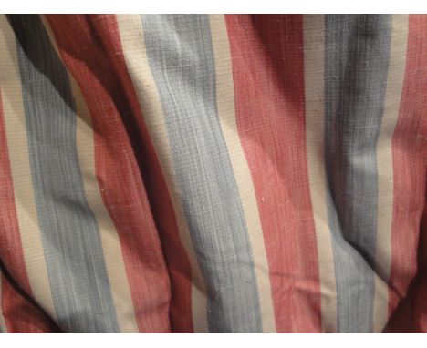 A pair of Zoffany cotton interlined curtains of striped design in red, cream and sage, together with matching pelmet and tie 