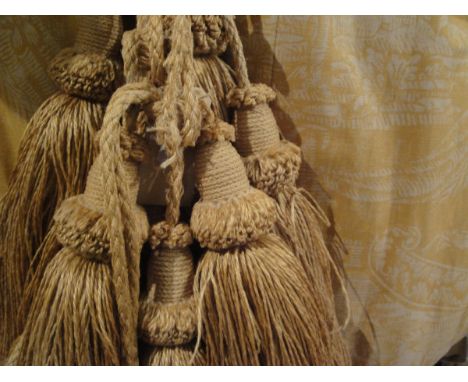 Four pairs of large Wemyss cotton interlined curtains of gold colour with classical acanthus and foliate scrolling decoration