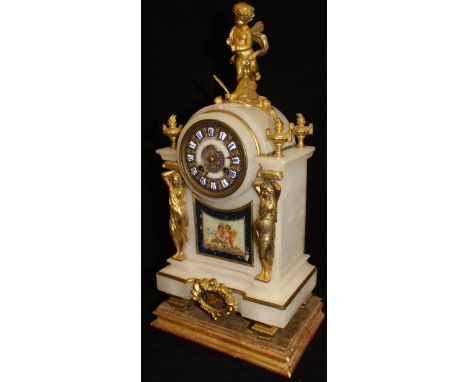 A French alabaster cased mantle clock with figural and flaming torch embellishments, the painted and enamel decorated dial wi