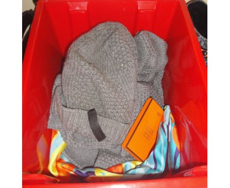 A box containing various Louis Vuitton silk and other scarves, together with knitted woollen scarf and matching beanie hat, a