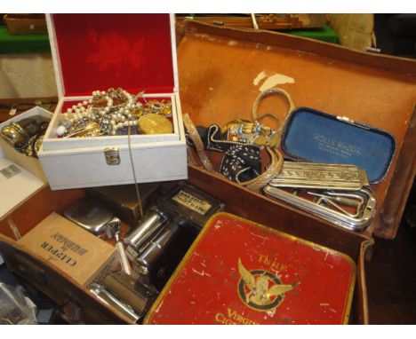 A box containing jewellery casket and  various costume jewellery, necklaces, bracelets, beads etc and a box of various cigare