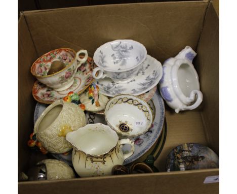 A box of various china wares to include Worcester type tea bowl and saucer, Victorian pot lid depicting rockpoolers, Barbola 