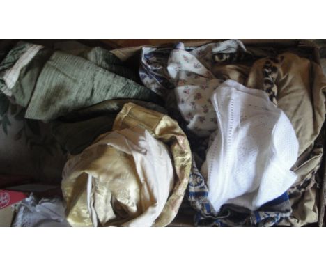 Five boxes of assorted vintage textiles to include table linens, curtains, bed linens etc