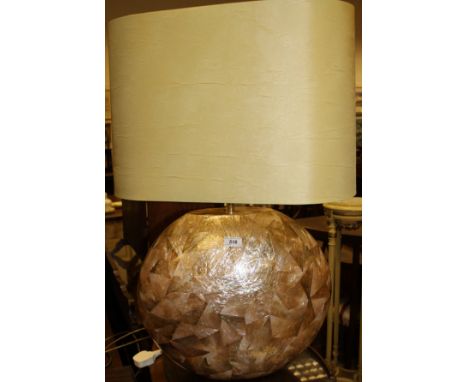 A large simulated mother of pearl crackle ware decorated table lamp and shade