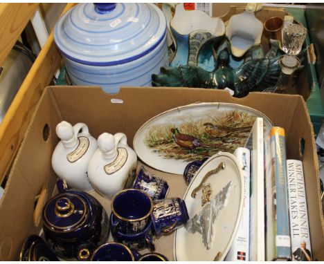 Two boxes of various china ware etc to include graduated jugs, bread bin, Giffard Noisette d'Anjou flagons, Greek part tea se