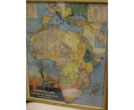 AFTER WLADIMIR LINDE "Woermann - Linie" colour print of shipping routes of Africa, further prints and a large wall mirror