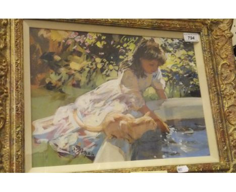 DIANNE FLYNN (1939-) "Young girl playing with her cat", watercolour, signed lower left   CONDITION REPORTS  Approx 26 cms x 3