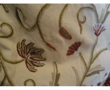 Two pairs of cotton interlined crewel work curtains with floral decoration on a cream ground   CONDITION REPORTS  Length is 2