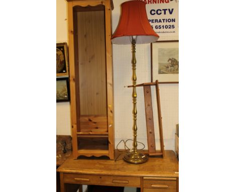A modern brass turned standard lamp and red shade, a modern pine slim open front bookcase and a modern stained beech hat and 