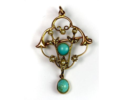 A 9ct gold Art Nouveau turquoise and seed pearl brooch / pendant.