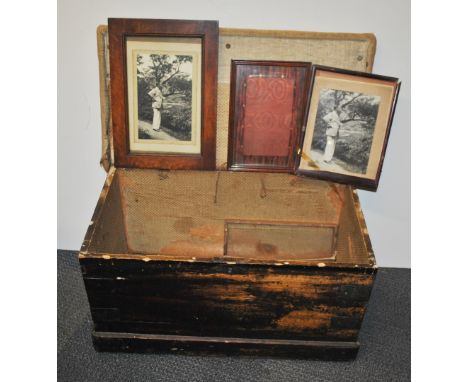 An old pine trunk / stool and contents, 69 x 38 x 40cm.