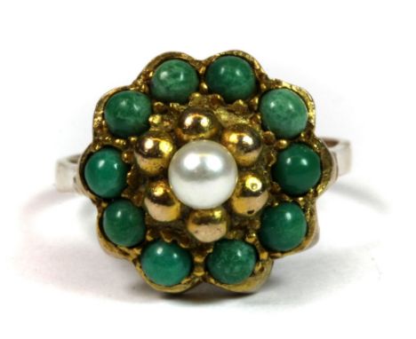 A 9ct yellow gold turquoise and cultured pearl cluster ring (N).