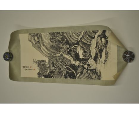 A silk mounted Chinese scroll, depicting a waterfall, mid 20th century, W. 53cm, (some foxing). Prov: private collection.