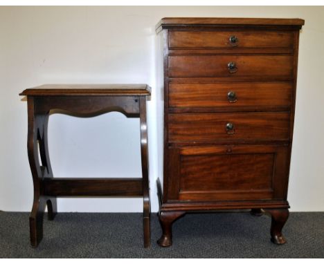 A mahogany music cabinet and an organ stool.