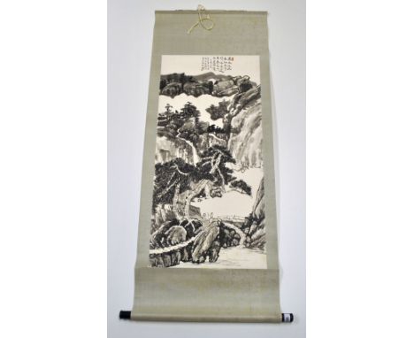 A silk mounted Chinese hand painted scroll, mid 20th century, W. 61cm, (some foxing). Prov: private collection.
