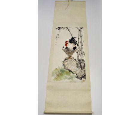 A silk mounted Chinese hand painted scroll, mid 20th century, W. 55cm, (some foxing). Prov: private collection.