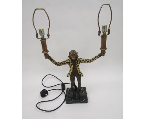 In the manner of Bill Huebbe, two branch table lamp in the form of a monkey, 45cm high