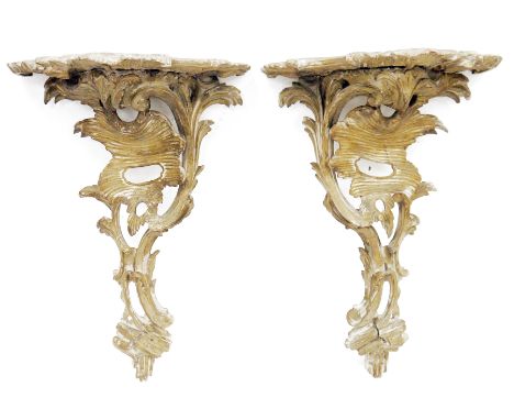 Pair of carved wooden rococo style bracket shelves with foliate scroll decoration, 48cm highCondition ReportAdditional photos