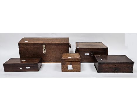 Collection of five boxes including 19th century mahogany and cross-banded sewing work box, 19th century rosewood box, two sma