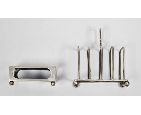 Edward VII silver four section toast rack, Birmingham 1903, maker's mark rubbed, 7cm long together with silver matchbox holde