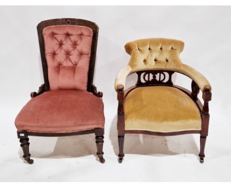 Late Victorian gold coloured upholstered button back tub chair&nbsp;with pierced carved splats and raised on turned legs with