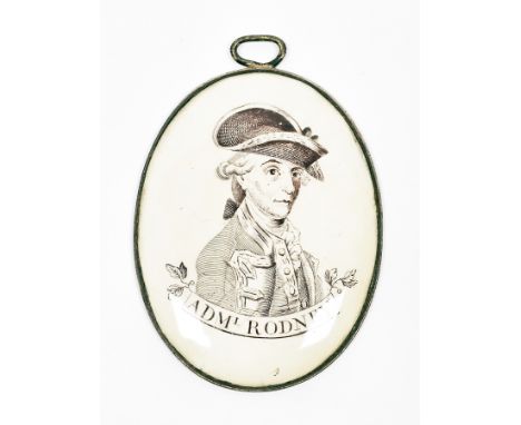 George III  Liverpool enamel oval plaque, circa 1775, with a brown printed portrait of Admiral Rodney, probably by Guy Green,
