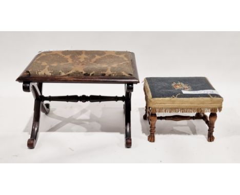 19th century rosewood X-frame stool&nbsp;with upholstered drop in seat, 59cm long x 44cm high and another footstool&nbsp;rais