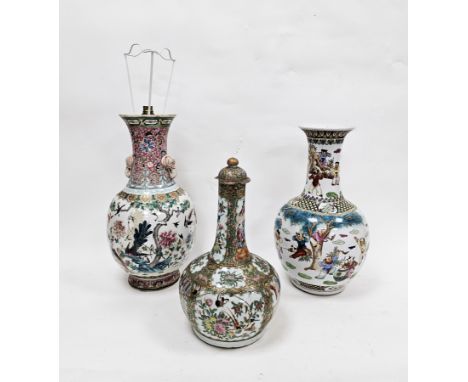 Chinese Canton famille rose bottle vase and cover, 19th century, painted with figures in an interior and panels of birds, but